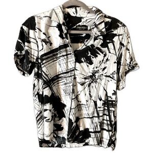 Jams World Caprice Camp Shirt Black White Splatter Tie Dye Button Blouse Large